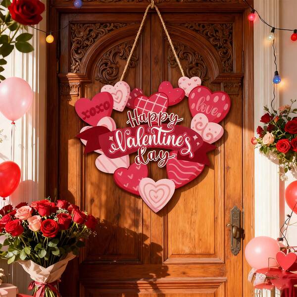 1pc Heart-Shaped Wooden Hanging Plaque, Happy Valentine's Day, Wooden Wall Art Decor, Suitable For Home, Farmhouse, Cafe, Coffee Shop, 14 X 12 Inch Valentine's Gift