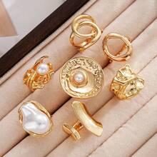 7/3pcs Asymmetrical Pearl Flower Rings, Geometric Shape, Tassel Effect, Hollow Round, Multi-Layer Metal Texture, Extra Large Size, Rugged Chic, Elegant Retro, Suitable For Festivals, Parties, Dates, Gifts, Daily Wear - Gold 1 - View 4