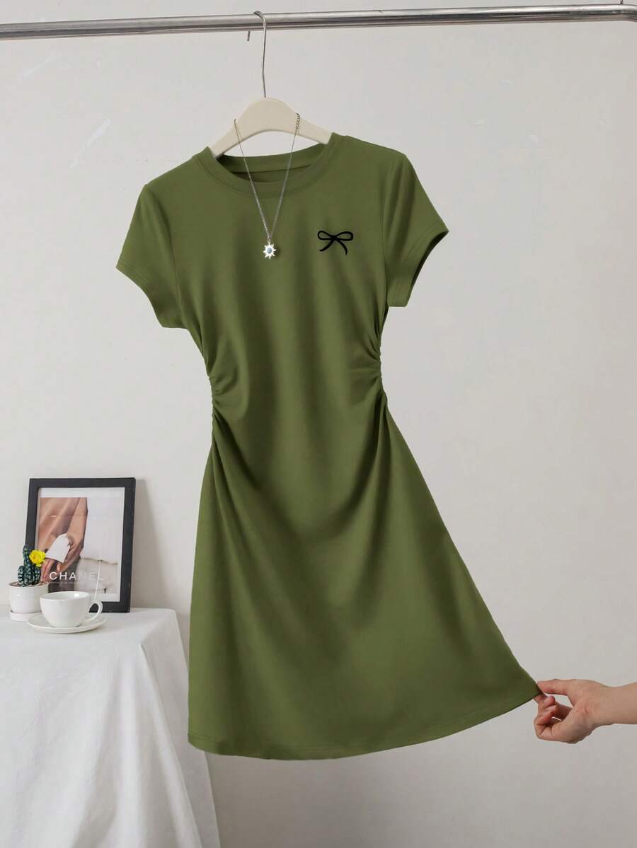 Women's Casual Slim Fit Butterfly Print Detail Simple Solid Color Pleated Crew Neck Short Sleeve Dress
