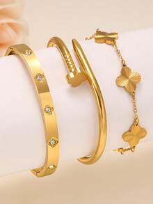 Luxury Elegant Fashion Four-Leaf Clover Nail-Shaped Inlaid Zirconia Textured Four-Leaf Clover Bracelet Stainless Steel Women's Bracelet Set, Suitable For Daily Wear, Formal Occasions, Dates, And Gift-Giving - Yellow Gold - View 12