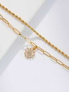 Set de 2 piezas de pulsera apilable con cadena básica multicapa, cadena trenzada, cadena de clip de papel, flor de girasol con incrustaciones de cobre y circonita, regalo de joyería - Amarillo Oro - Ver 3