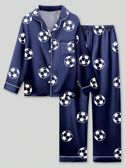 2pcs Tween Boy Blue Soccer Print Long Sleeve Pajama Set