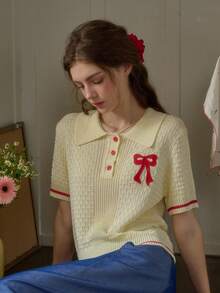 Simple Retro 女士春夏撞色3D花卉图案Polo领修身短袖上衣，优雅米色 - 米黃色 - 查看 7