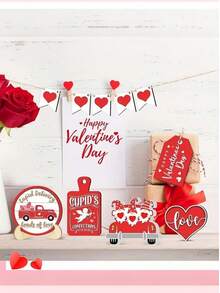 12-Piece Valentine's Day Bright Red Wooden Decor Set - Charming Assorted Designs (Heart/Gnome/Cupid/Truck Accents + "Love/Kisses & Wishes" Romantic Slogans), Durable Unfinished Wood Material, Battery-Free Tabletop/Party Decor Supplies, Festive Valentine's Day Decor Accents (Tray Not Included) - Multicolor - View 4