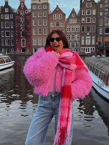 Tricou elegant și la modă pentru femei, stil universitar, simplu, stilat, casual și versatil, cu mânecă lungă, roz, ondulat, cu rever rafinat din imitație de lână, design cu fermoar central în față, rezistent la vânt pe spate, material din imitație de blană, potrivit pentru Halloween, Ajunul Crăciunului. - Roz - Vizualizare 4