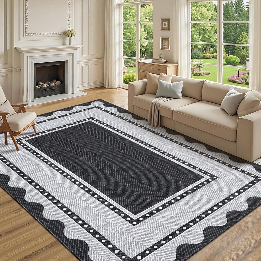 1PCS Room Decor Bordered Rug Scalloped Geometric Pattern Modern Washable Low Pile Area Rug For Living Room Bedroom Contemporary Non Slip Large Rug Low Pile Stain Resistant Carpet For Classroom Dining Room Runner For Hallway Kitchen Enterway - 黑灰色 - 查看 1