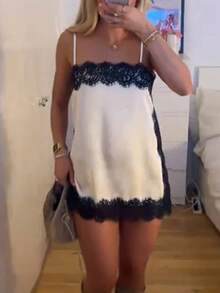 Women's Fashion Street Style Cami Top, Floral Lace Patchwork Satin Camisole, Elegant Backless Sleeveless Spaghetti Strap Top, Solid Color Woven Fabric Lace Splice Sexy Camisole For Evening Date, Daily Wear In Summer - Apricot - View 6