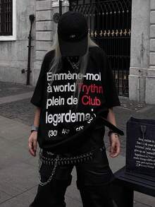 圆领短袖T恤，夏季新款字母印花，时尚休闲宽松女式上衣 - 黑色 - 查看 8