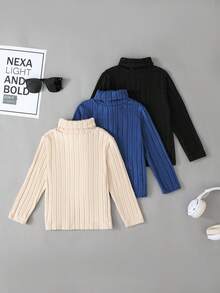 Conjunto de suéter de cuello alto acanalado con parches para niño - Azul - Ver 2
