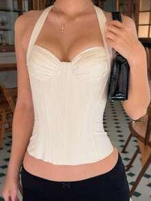 Áo nữ mùa đông Onicee, màu mơ, kiểu dáng thời trang thắt eo, hở lưng, khóa kéo, cổ yếm, thích hợp cho ngày Valentine, hẹn hò, tụ họp, tiệc tùng, du lịch, nghỉ mát, đi biển và các dịp khác. - Màu be - Xem 2