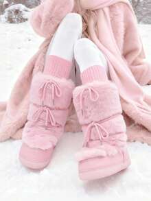 Knee High Boots For Women,Fuzzy Flat Round Toe Rhinestone Lace-Up Slip On Warm Shoes Winter Outdoor Party Chirstmas And Halloween Snow Boots - 粉色 - 查看 1