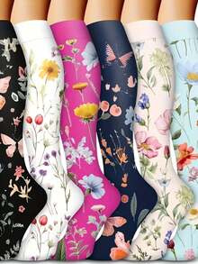 6 Pairs Of Vibrant Floral Pressure Socks - Suitable For Running, Hiking, Sports, Cycling And Exercise, Breathable Polyester Fabric, Flower Patterns, Ideal For Enhanced Blood Circulation, Running Accessories | Floral Pressure Socks | Texture - 6件 - 查看 4