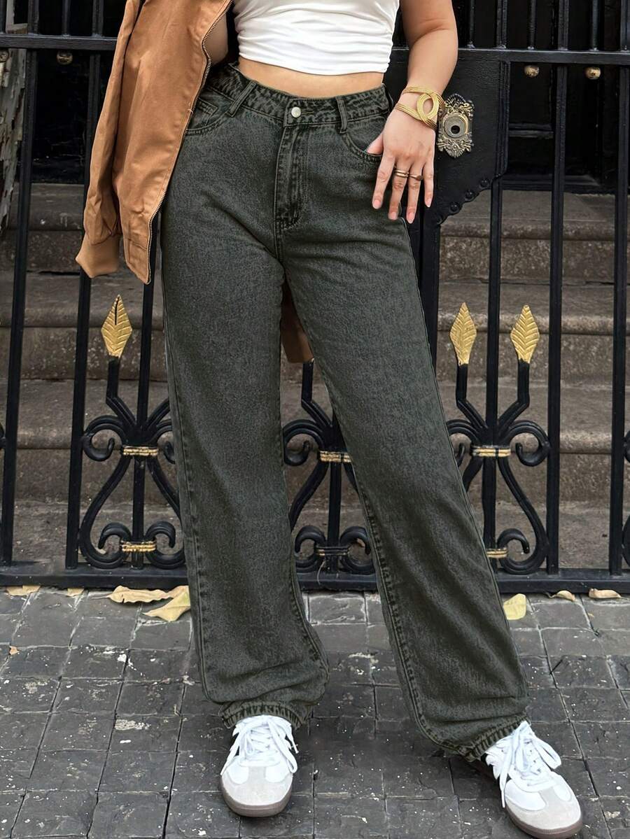 女士休闲浅蓝色直筒牛仔裤，带口袋，无弹力面料，适合日常穿着 - 藏蓝色 - 查看 1