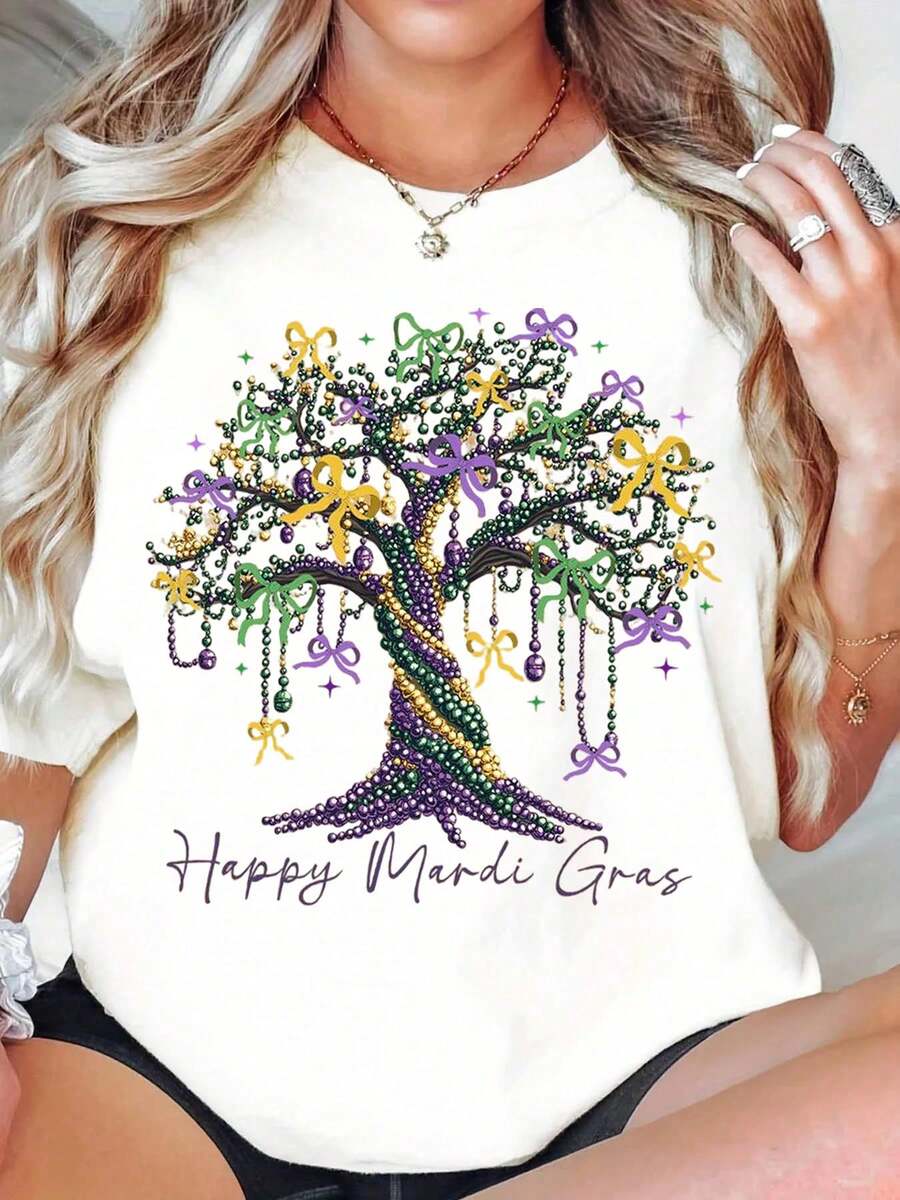 Mardi Gras Tree Beaded Design Happy Mardi Gras Graphic T-Shirt Women Festive Celebration Shirt Party Wear Top - trắng - Xem 1