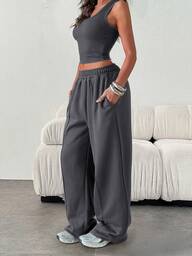 Damen lässige, lose, einfarbige Jogginghose mit Gummibund und Taschen