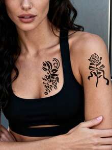 4pcs Multi-Pattern Hollow Tattoo Stickers, A4 Large Size Butterfly Rose Figure Design, Personalized Customization, Semi-Permanent Tattoo Template Stickers - Black - View 3