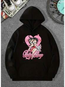 Sudadera informal de manga larga con capucha, estilo retro americano, con estampado de corazones y estilo cómic, de algodón grueso, holgada, ideal para otoño e invierno. - Negro - Ver 1