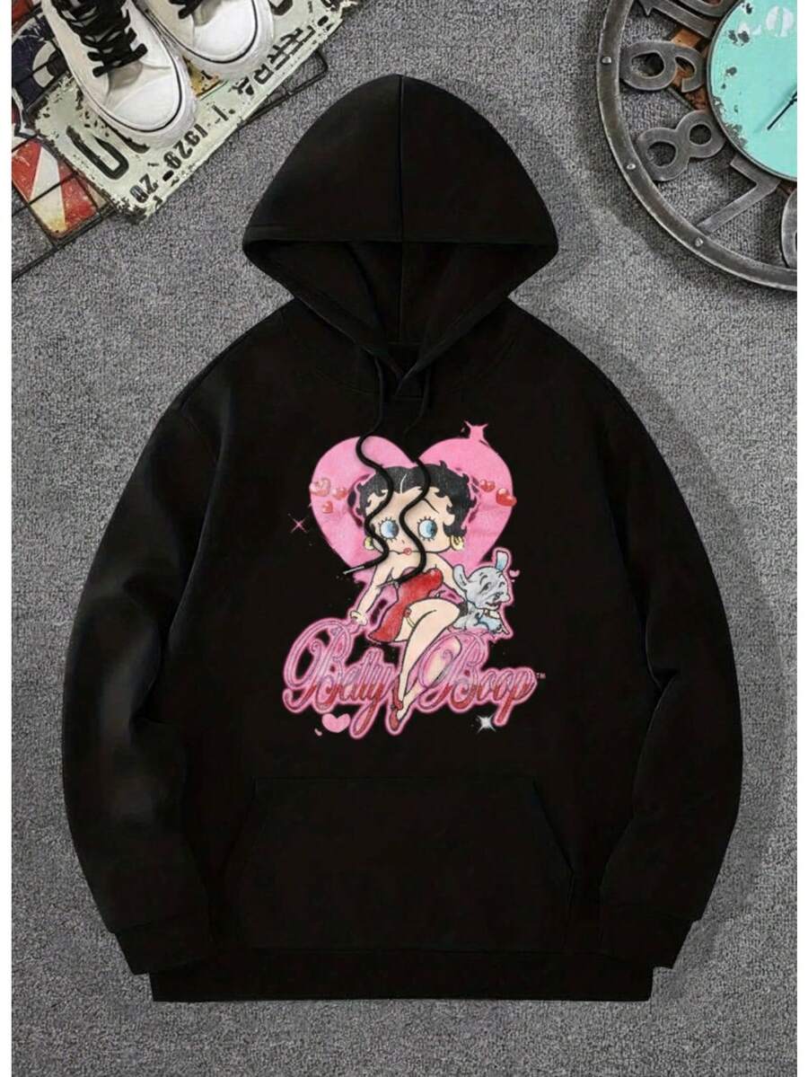 Sudadera informal de manga larga con capucha, estilo retro americano, con estampado de corazones y estilo cómic, de algodón grueso, holgada, ideal para otoño e invierno. - Negro - Ver 1