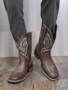 Unisex Couple Western Cowboy Boots | Black Embroidered Mid-Calf Retro Boots | Non-Slip Sole - For Men & Women Daily/Street Wear