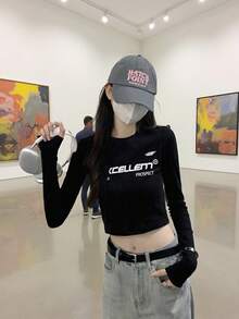 秋冬新款女士小码修身字母印花休闲圆领长袖T恤 - 黑色 - 查看 1