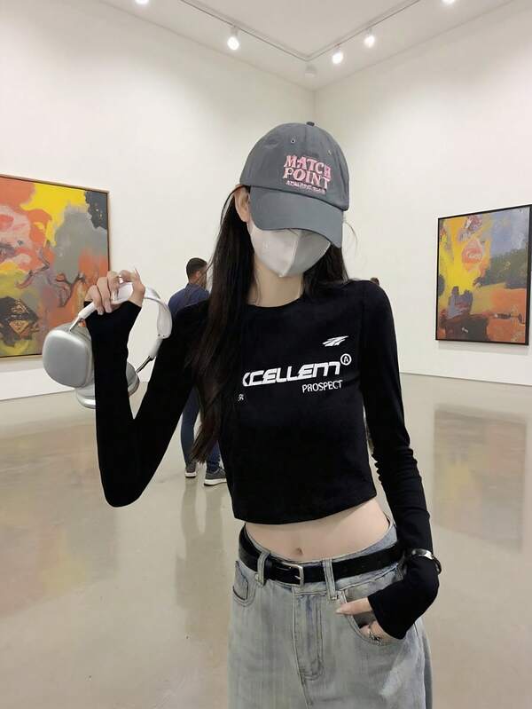 秋冬新款女士小码修身字母印花休闲圆领长袖T恤