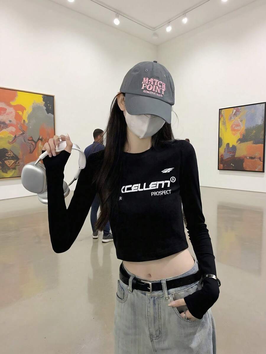 秋冬新款女士小码修身字母印花休闲圆领长袖T恤 - 黑色 - 查看 1