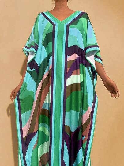 时尚休闲印花V领短袖大码女式连衣裙 春季