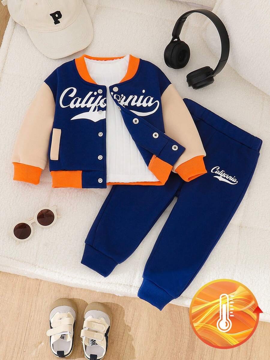 Boys' Colorblock Letter Print V-Neck Baseball Jacket And Pants Set, Casual Fashion - Royal Blue - View 1