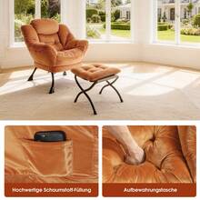 Armchair With Stool, Relaxing Armchair With Armrests, Side Pocket And Footrest, Living Room Armchair, TV Chair, Wingback Armchair For Living Room, Bedroom, Office (Khaki) - Orange + Fabric+Metal - View 6