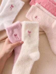 1Pair Mink Plush Bow Fluffy Mid-Calf Socks, Cute & Sweet Mid-Calf Socks, Thick & Warm For Home, Sleep, Bow Pattern, Soft & Comfortable, Suitable For Autumn/Winter Christmas Gift - 彩色 - 查看 7