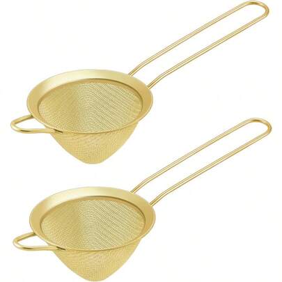 Fine Mesh Strainer 3.3 Inch Stainless Steel Small Tea Cocktail Coffee Flour Strainer With Long Handle For Kitchen Bar  And Easy Clean Set Of 2 Gold