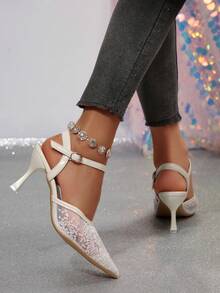 新款加大码女式舒适简约尖头网布镂空细高跟凉鞋，休闲时尚户外沙滩夏季鞋 - 白色 - 查看 5