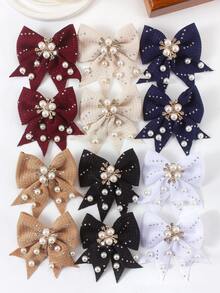 6pcs Solid Color Rhinestone Textured Bow Hair Clips, Elegant Pearl Crystal Barrettes, Suitable For Girls, Princesses, Daily Wear And Parties