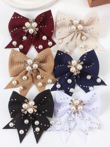 6pcs Solid Color Rhinestone Textured Bow Hair Clips, Elegant Pearl Crystal Barrettes, Suitable For Girls, Princesses, Daily Wear And Parties