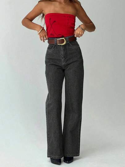 Women's Fashionable High-Waisted Straight Leg Jeans, Dark Gray Vintage Style Casual Pants (Belt Not Included), Spring/Summer