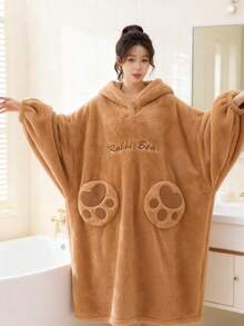 女士棕熊毛绒睡袍，舒适冬季连帽睡衣，熊脸图案，可爱卡通浴袍，柔软毛绒材质，长袖带口袋，休闲家居服，室内装饰，熊图案服装，可作毯子使用，舒适家居服，趣味设计，毛绒材质，成人款睡袍，家居服套装，适合新年，冬季礼物 - 彩色 - 查看 6