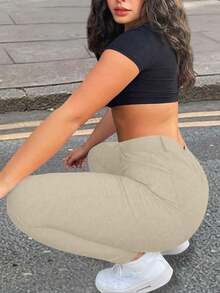 Apperloth A Plus Size Elastic Slant Pocket Skinny Pants, Suitable For Music Festivals - Apricot - View 4