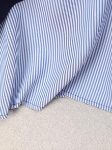 1pc Striped Patchwork Contrast Color Ribbed Button Women Blouse, Daily Wear, Spring/Autumn, White, Black, Blue, Pink, Green, Yellow - Navy Blue - View 6
