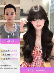 1 Tóc giả gợn sóng tổng hợp chịu nhiệt màu nâu sẫm, làm từ sợi, tăng thêm độ phồng, tự nhiên và chân thực (Không bao gồm phụ kiện) - Black-brown - Xem 6