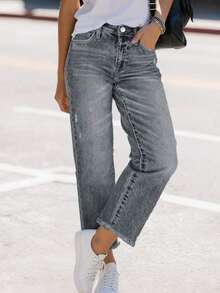 Comfortable Loose Fit Stretchy Distressed Washed Blue Frayed Hem Straight Leg Jeans For Women, Street Style Casual Spring - Grey - View 4