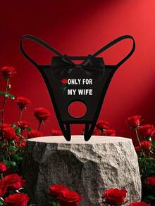 情人节男士性感舒适镂空蝴蝶结玫瑰字母印花丁字裤 - 黑色 - 查看 1