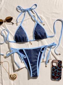 Women's Sexy Backless Contrast Binding Halter Split Bikini Set, Beach Holiday Style - Blue - View 5