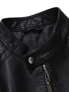 男士时尚英伦风皮夹克，复古立领休闲摩托车皮夹克，男友圣诞礼物，送给他的礼物 - 黑色 - 查看 4