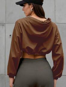 Áo khoác thể thao nữ mùa thu/đông, áo gió ngắn có mũ trùm đầu, màu đen, co giãn, thích hợp cho tập thể dục ngoài trời, tập gym, chạy bộ, thể thao và thư giãn mùa xuân. - màu nâu - Xem 2