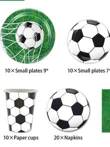 这款50/51件套足球主题一次性餐具套装包含10个餐盘、10个甜点盘、10个纸杯、20张餐巾纸、1张桌布和1条横幅。这套便捷的餐具套装适用于露营、野餐、花园烧烤、婚礼和生日派对等场合。 - 彩色 - 查看 10