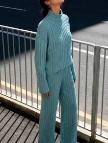 New Women's Suit Set;Ribbed Knit Turtleneck & Wide-Leg Pants Set: Stylish For Daily/Date Wear;Ribbed Knit Turtleneck Set! Smooth Wide-Leg Fit, Warm And Comfortable, Super Easy For Daily Matching;High-End Sense Of Relaxation! - Màu xanh lam - Xem 5
