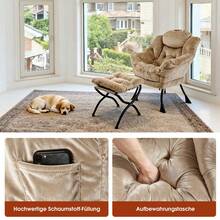 Armchair With Stool, Relaxing Armchair With Armrests, Side Pocket And Footrest, Living Room Armchair, TV Chair, Wingback Armchair For Living Room, Bedroom, Office (Khaki) - Beige + Fabric+Metal - View 6