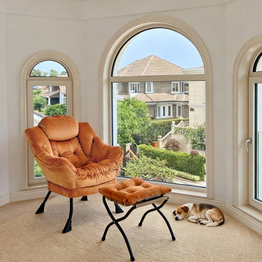 Armchair With Stool, Relaxing Armchair With Armrests, Side Pocket And Footrest, Living Room Armchair, TV Chair, Wingback Armchair For Living Room, Bedroom, Office (Khaki) - Orange + Fabric+Metal - View 1