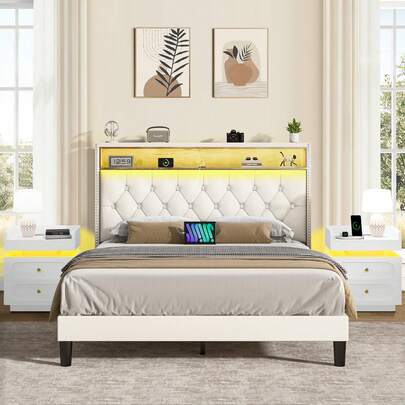 3-Pcs Bedroom Furniture Set, LED Bed Frame With Storage Shelf Headboard, Nightstand Set Of 2 With Charging Station, No Box Spring Needed, Easy Assembly, White/ Black Bed Frame, White/ Black Nightstands, Full/ Queen/ King Size Bed Frame ( USB LED Strip)