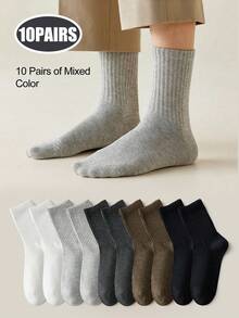 5 Pairs/10 Pairs Men's Neutral Mid-Calf Socks, High Elasticity, Antibacterial & Odor-Resistant, Solid Black/White/Gray Simple Cotton Socks Suitable For Casual, Daily, And Business Wear
